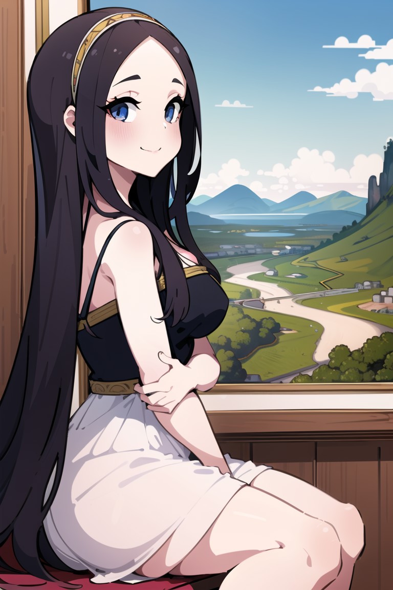 21749-3635805701-1girl,solo, detailed eyes, perfect face, Seated pose, three-quarter view, slight turn towards viewer, distant landscape back.png